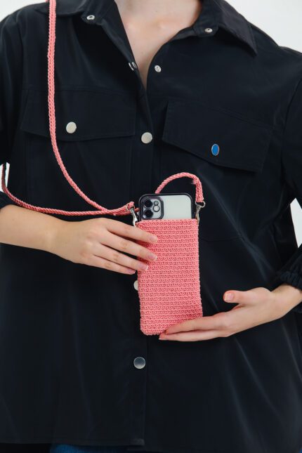 Kadın El Yapımı Örgü Çapraz Askılı Telefon Çantası